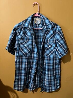 Wrangler Blue Plaid Short-Sleeve Button-Down Western Shirt